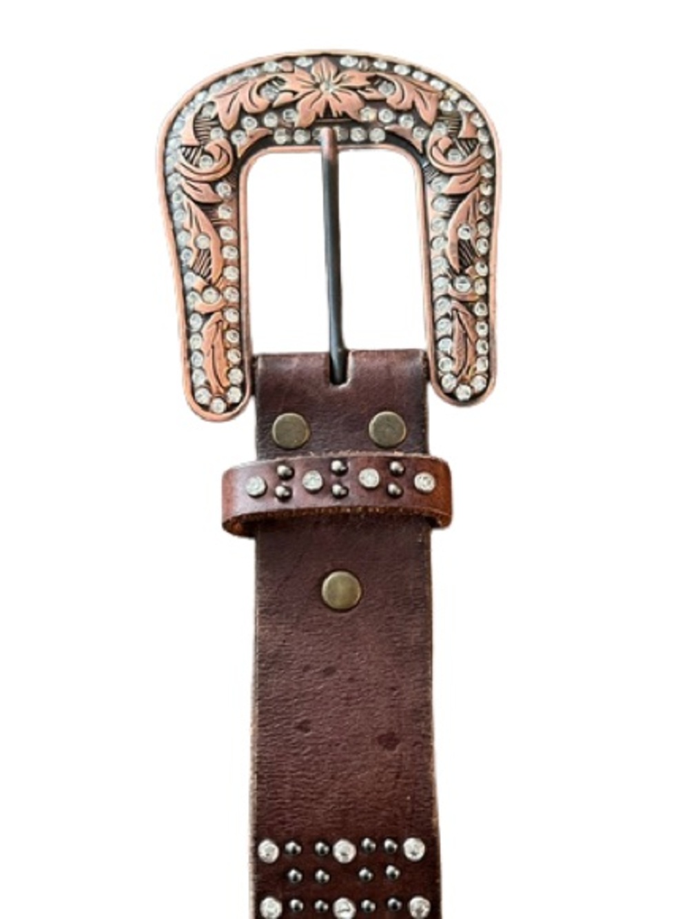 Nocona Western Brown Leather Floral Rose Gold/Copper Rhinestone Woman’s Medium